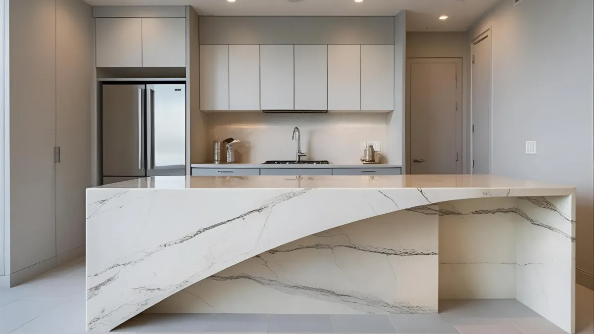Contemporary Kitchen With Marble Waterfall Island, Neutral Tones, Midtown Condo Interior