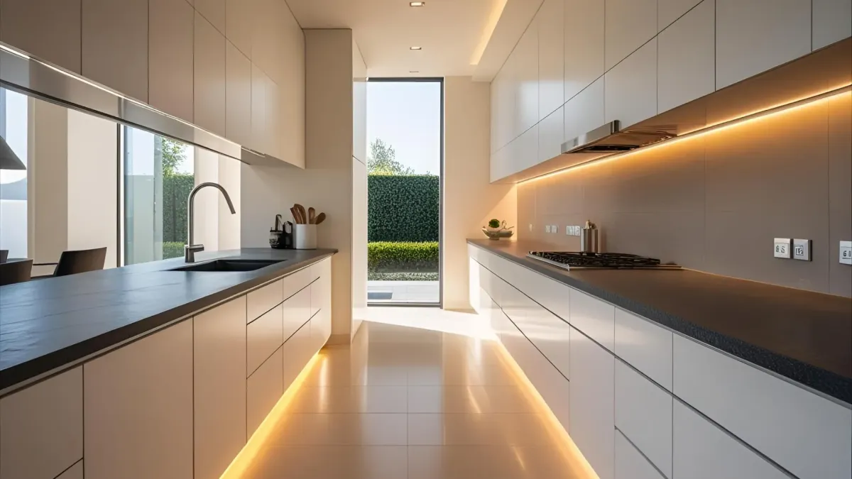 Contemporary Galley Kitchen With Led Toe-kick Lighting and Stone Counters