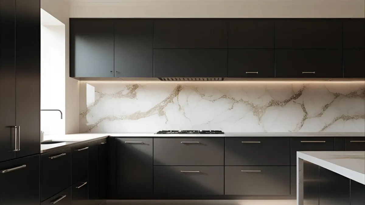 Contemporary Kitchen With Matte Black Cabinets and Marble Backsplash, Natural Lighting
