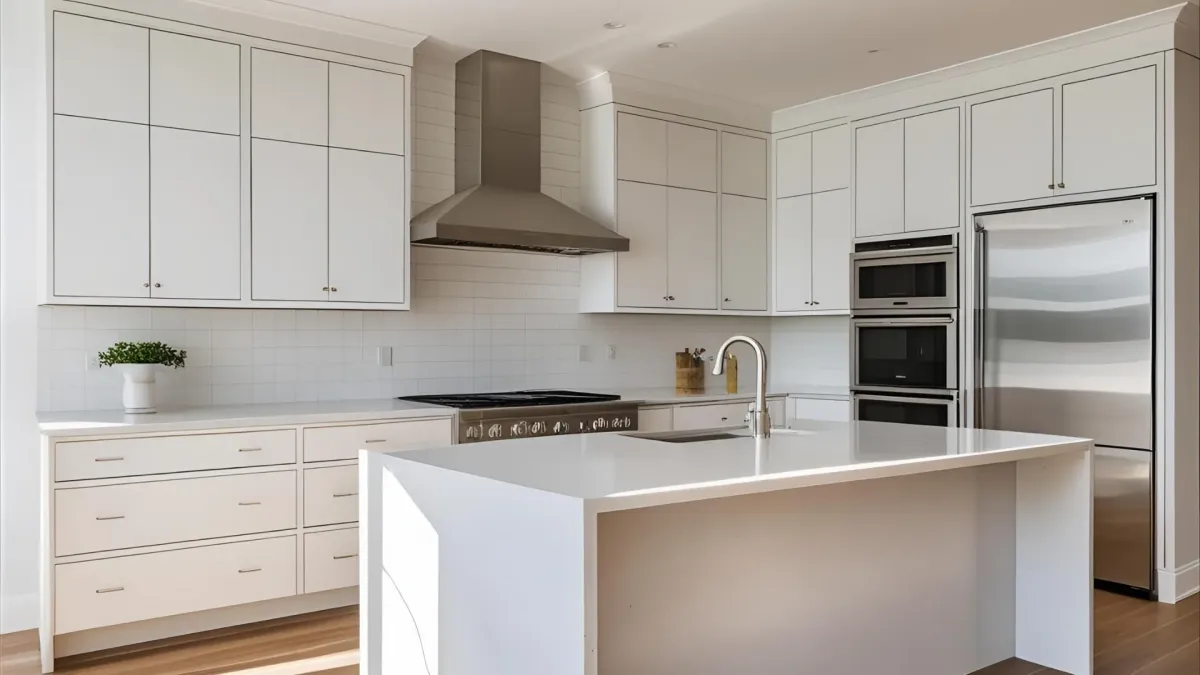 Bright Contemporary Kitchen With White Flat-panel Cabinets and Quartz Island