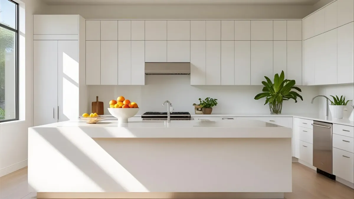 Bright Contemporary Kitchen With White Flat-panel Cabinets and Quartz Island