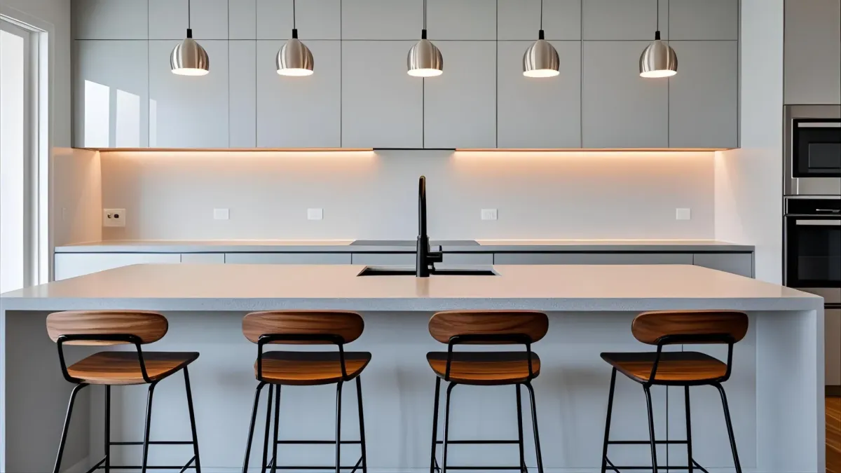 Contemporary Layout With U-shape Island, Bar Stools, Led Pendant Lights