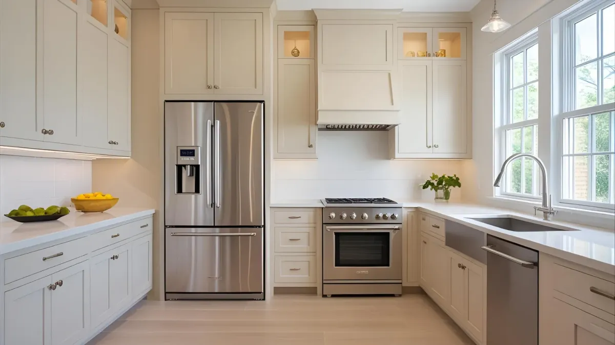 Contemporary Kitchen in an Atlanta Townhouse, Soft Beige Cabinetry, Smart Fridge, Clean Layout