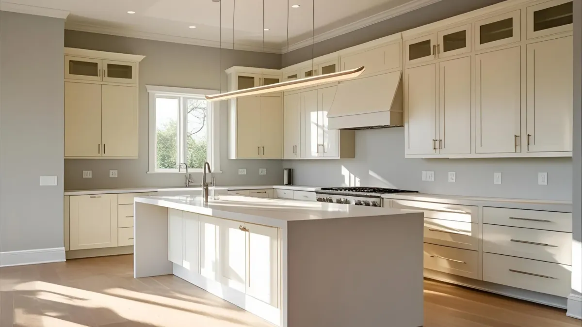 Contemporary open-concept kitchen, neutral palette, large island, pendant lighting