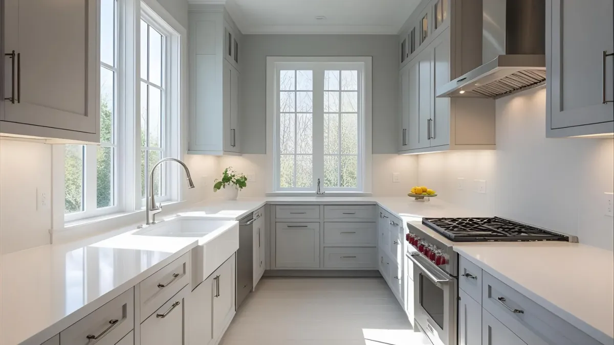 Contemporary Galley Kitchen With Undercabinet Lights, Light Gray Scheme, Oversized Windows