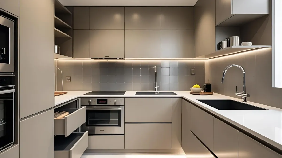 Compact Contemporary Kitchen, Smart Storage, High-tech Appliances