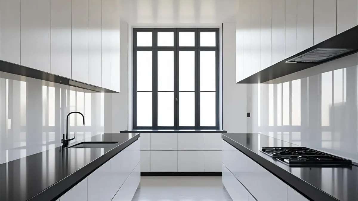 All-white Contemporary Kitchen With Black Accents and Large Window