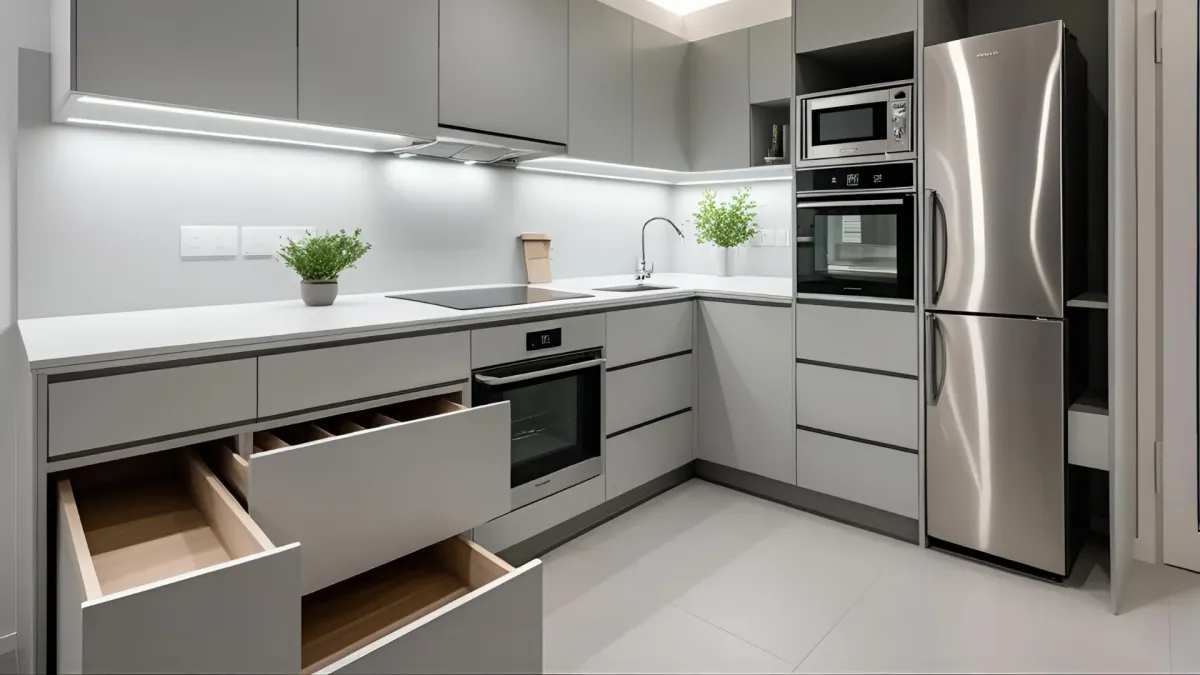 Compact Contemporary Kitchen, Smart Storage, High-tech Appliances
