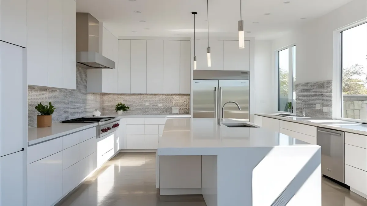 Bright Contemporary Kitchen With White Flat-panel Cabinets and Quartz Island