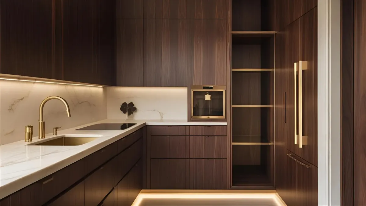 Luxury Contemporary Kitchen, Dark Wood, Brass Fixtures, Hidden Pantry