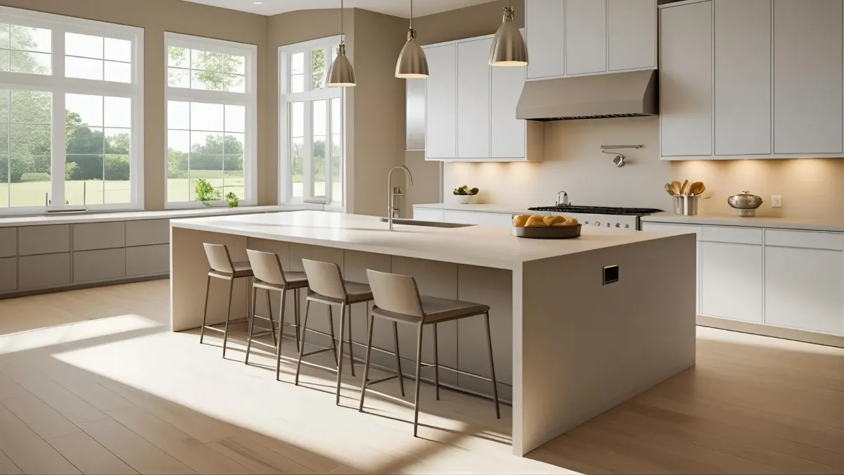Contemporary Open-concept Kitchen, Neutral Palette, Large Island, Pendant Lighting