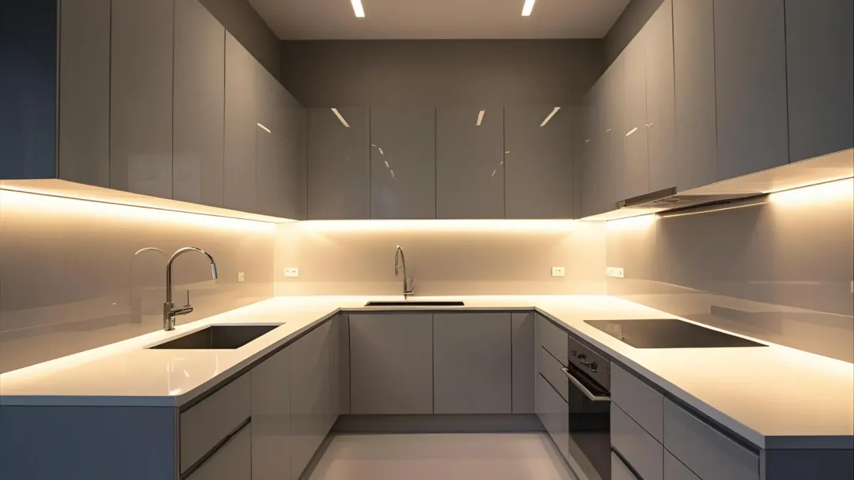 Contemporary Kitchen, Grey and White Tones, Sleek Undercabinet Lighting