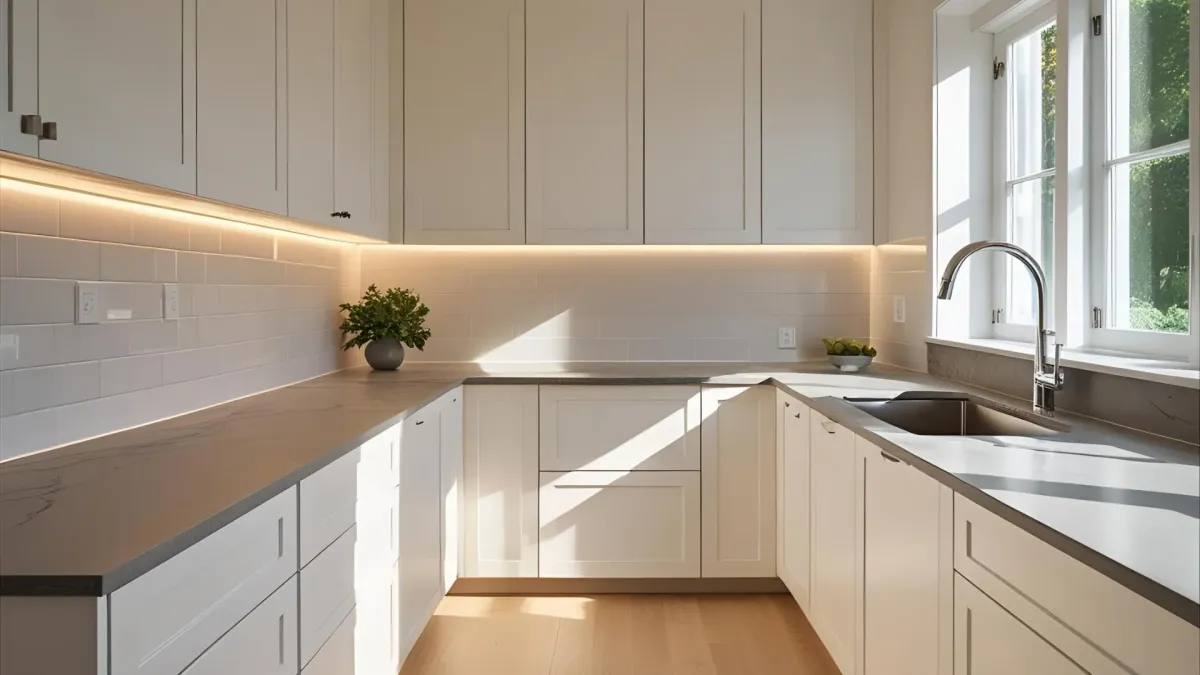 Contemporary Galley Kitchen With Led Toe-kick Lighting and Stone Counters