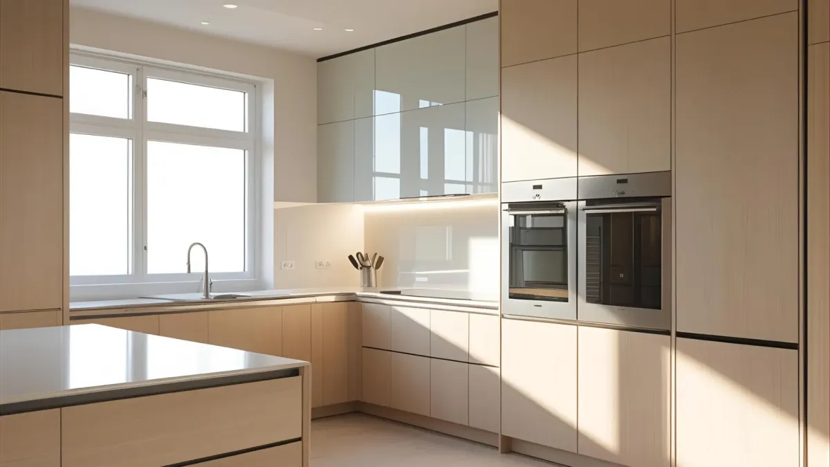 Contemporary Kitchen With Full Glass Backsplash, Integrated Oven Wall