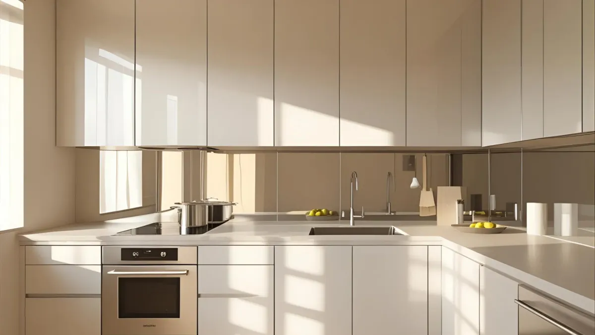 Contemporary Studio Kitchen, Neutral Palette, Mirrored Backsplash