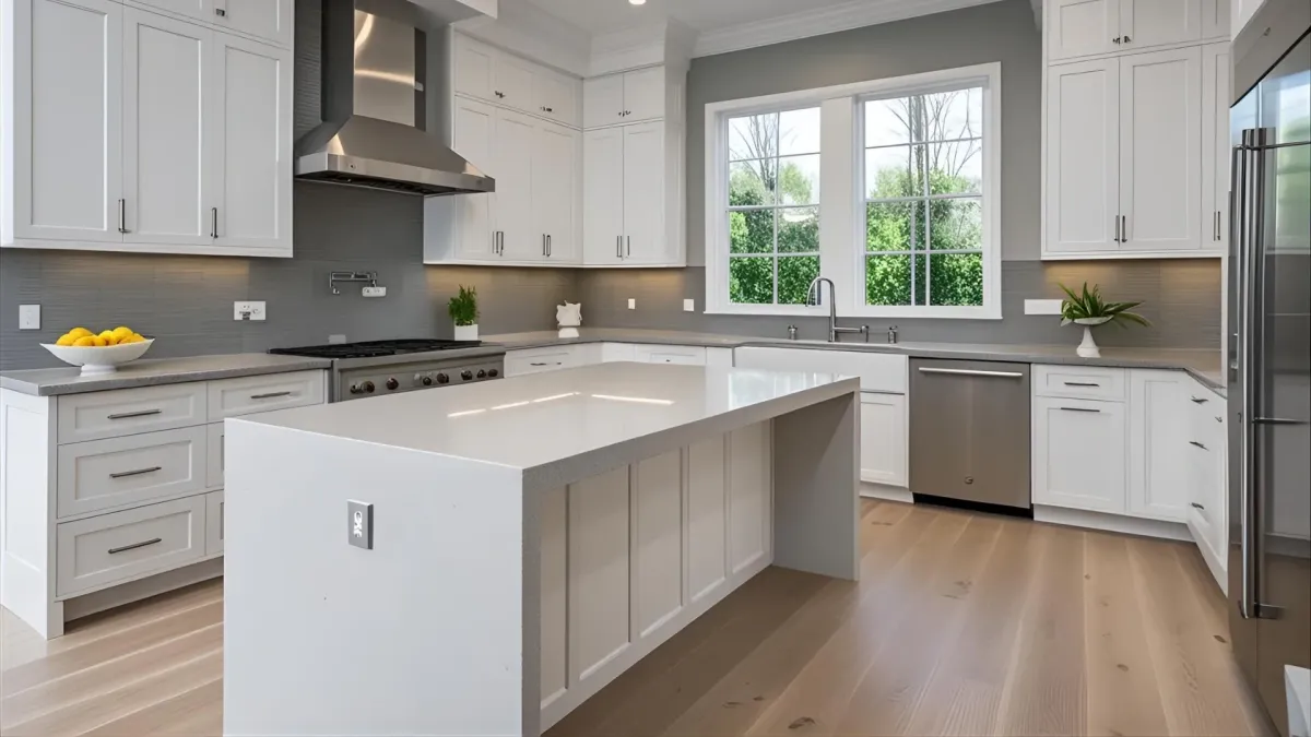 Contemporary Kitchen in an Atlanta Home, White Flat-panel Cabinets, Quartz Island