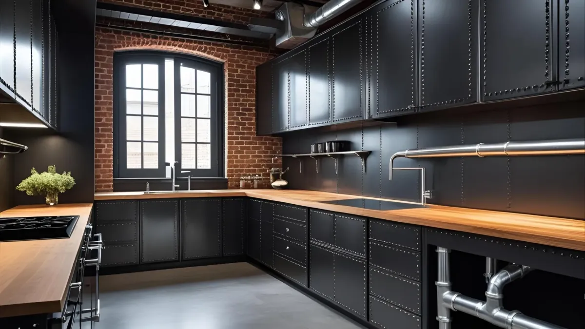 Pure Industrial Style Kitchen, Dark Metal Cabinetry, Open Layout, Visible Piping