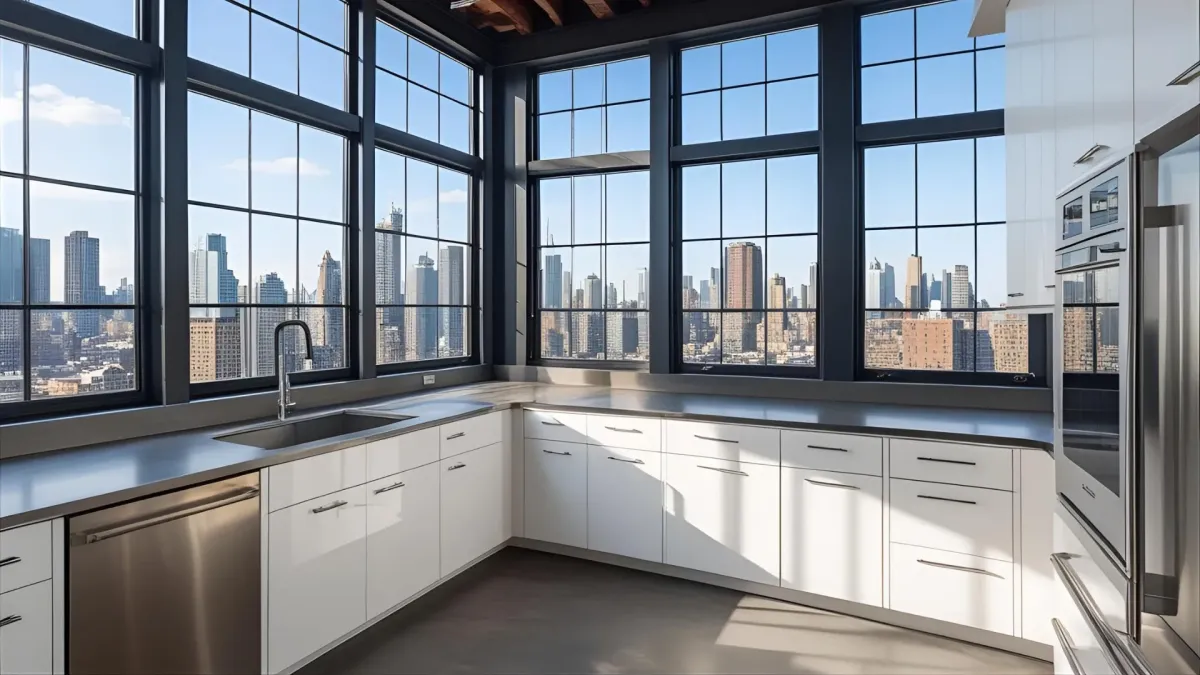 Industrial Kitchen With Large Windows, Visible Ceiling Joists, Minimalist Cabinetry