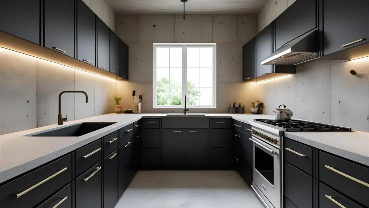 Industrial Style Kitchen With Flat Black Cabinets, Concrete Backsplash, and No Upper Cabinets
