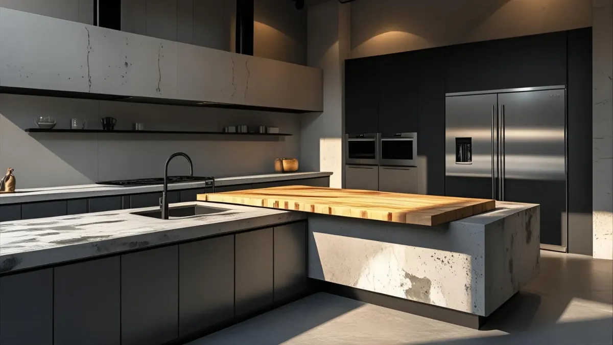 House Industrial Style Kitchen With Concrete Counters, Black Track Lighting, and Large Island