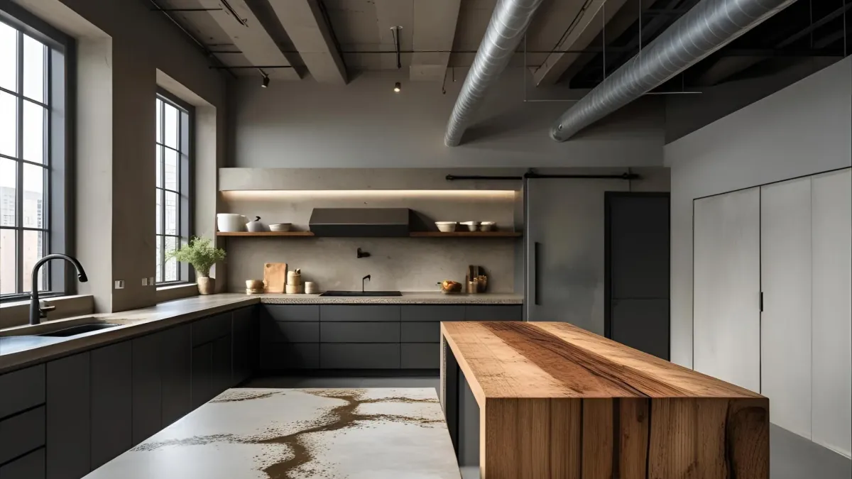 Industrial Loft Kitchen With Distressed Concrete Countertops, Tall Ceilings, and Rustic Steel Island
