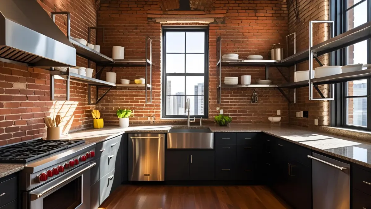 Industrial Kitchen in an Atlanta Loft, Exposed Brick Wall, Matte Black Cabinets, Steel Shelves