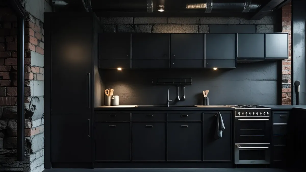 Dark-toned Industrial Kitchen With Raw Textures, Visible Ductwork, and Matte Metal Cabinetry