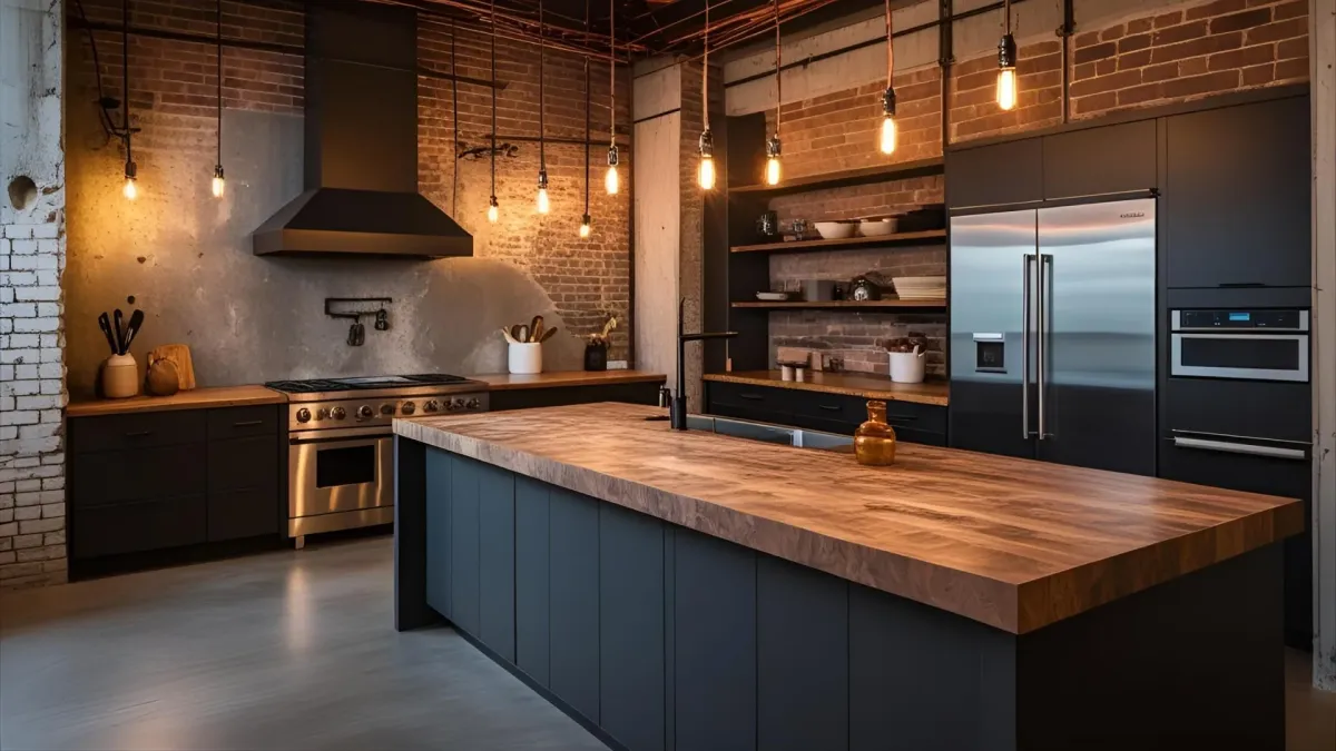 Atlanta-style Industrial Kitchen With Concrete Walls, Matte Fixtures, Exposed Wiring