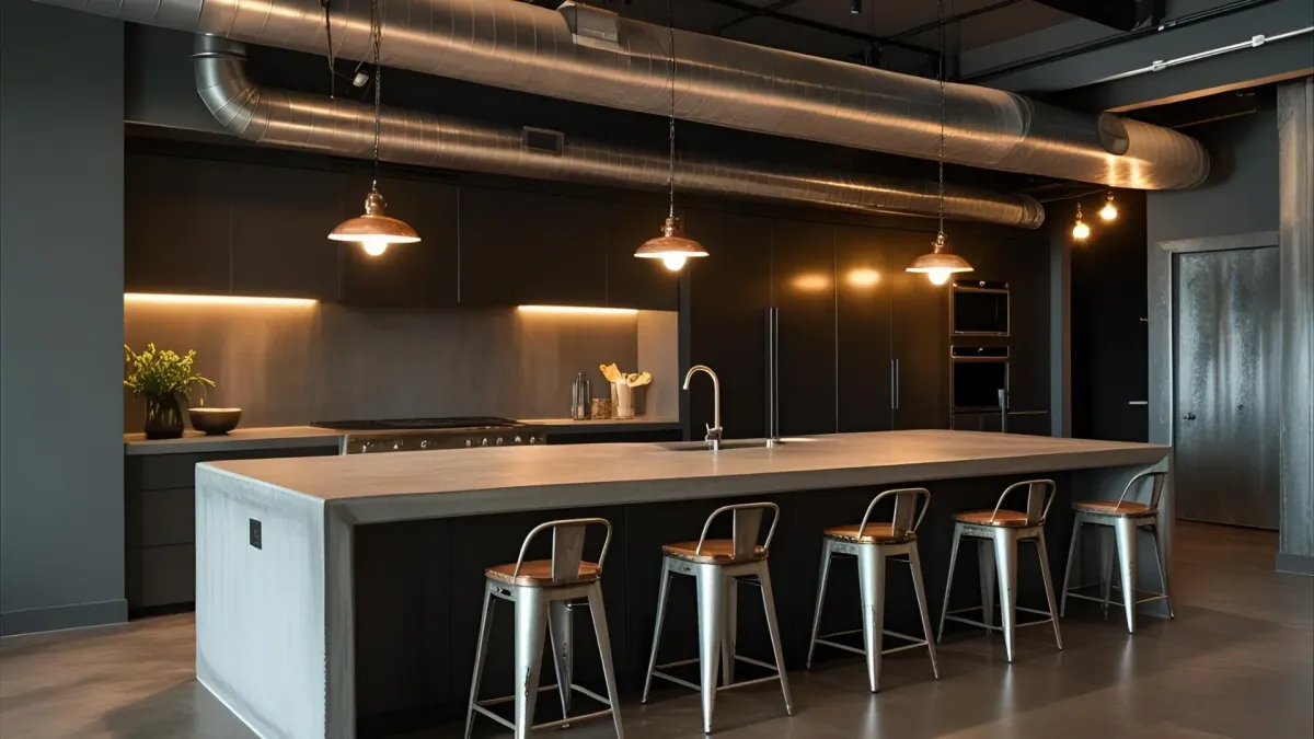 Atlanta Industrial-style Kitchen With Concrete Island, Metal Stools, and Open Ductwork