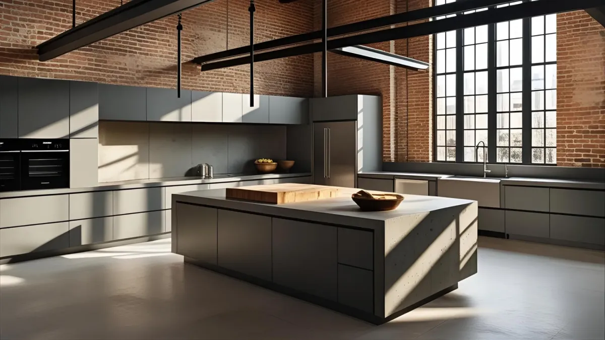 House Industrial Style Kitchen With Concrete Counters, Black Track Lighting, and Large Island