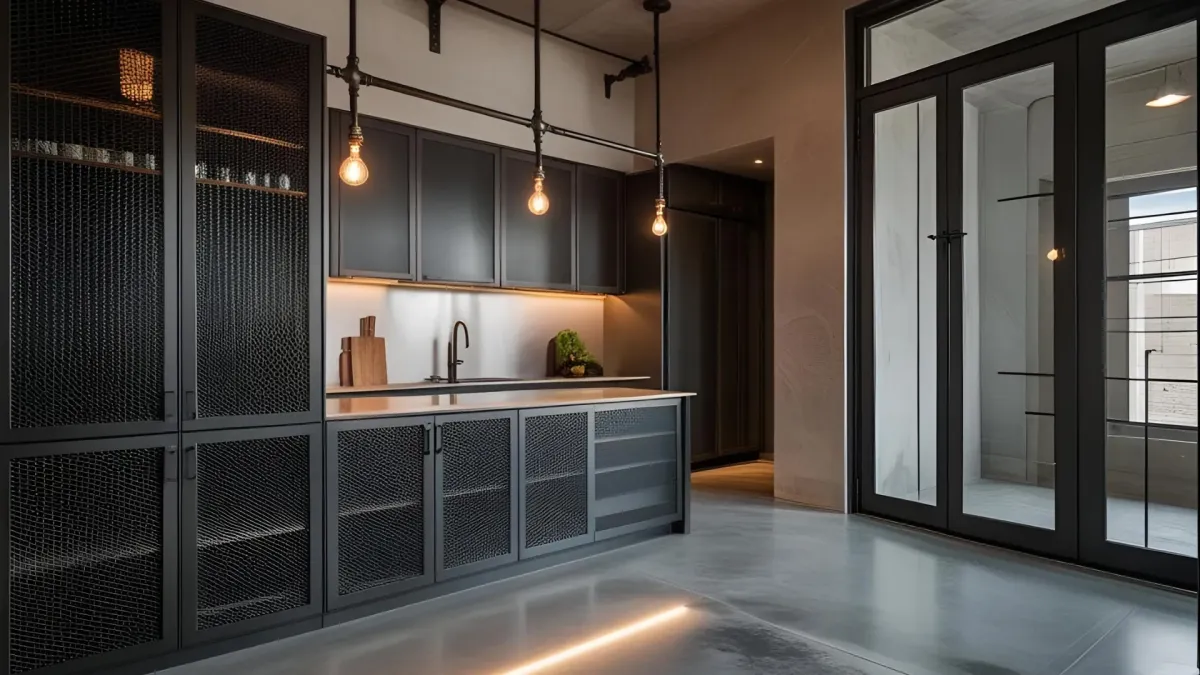 Industrial-style Open Kitchen, Metal Mesh Cabinet Doors, Iron Fixtures, and Polished Concrete Floor