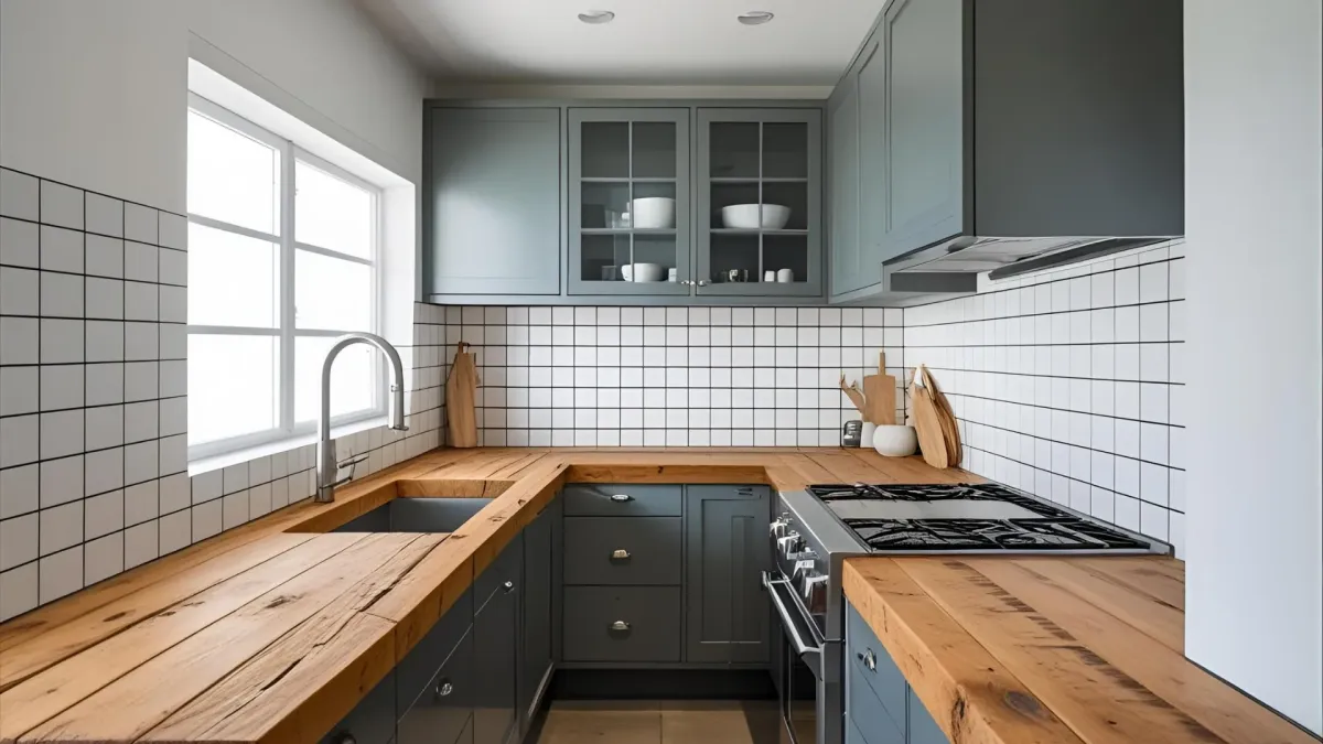 Compact Industrial Style Kitchen, Subway Tiles, Reclaimed Materials, and Metal Appliances
