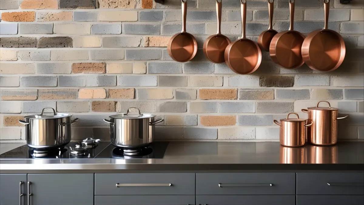 Industrial Style Kitchen With Stainless Appliances, Raw Brick Wall, Metal Hanging Pot Rack
