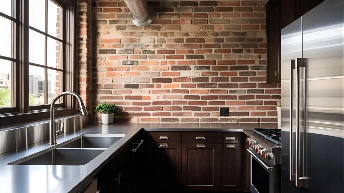 Industrial Style Kitchen With Stainless Appliances, Raw Brick Wall
