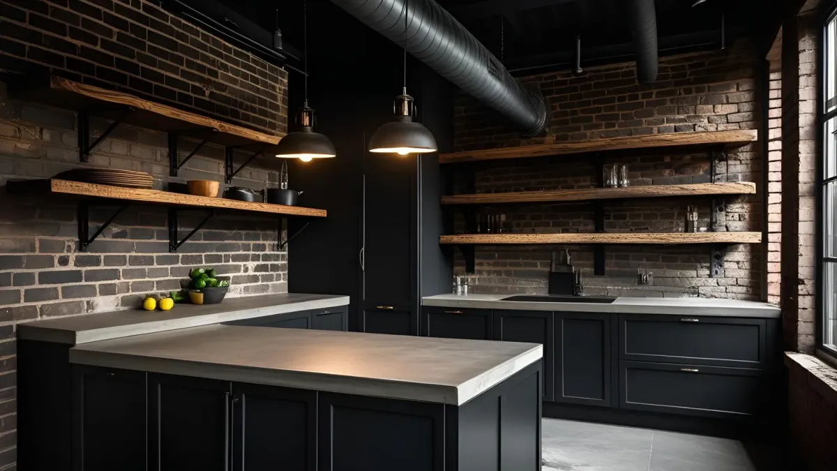 Dark-toned Industrial Kitchen With Raw Textures, Visible Ductwork, and Matte Metal Cabinetry