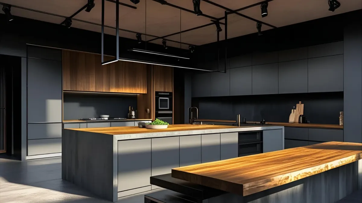 House Industrial Style Kitchen With Concrete Counters, Black Track Lighting, and Large Island