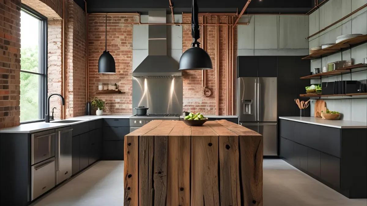 Atlanta-style Industrial Kitchen With Concrete Walls, Matte Fixtures, Exposed Wiring