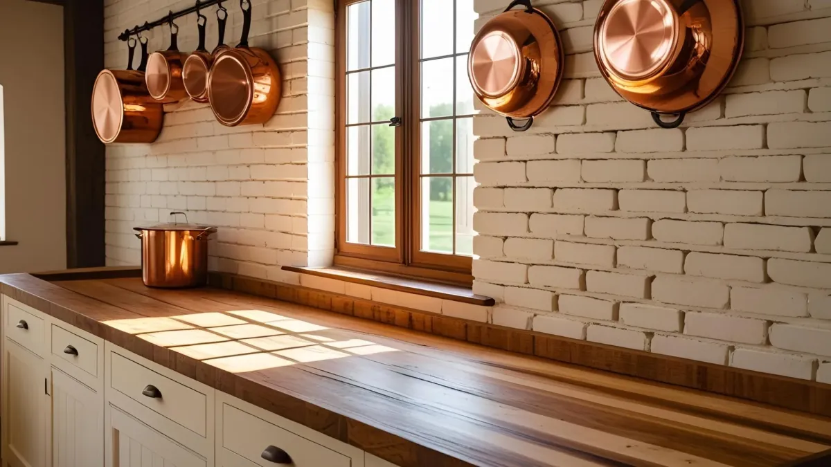 Farmhouse Style Kitchen With Whitewashed Brick Wall With Few Copper Pots