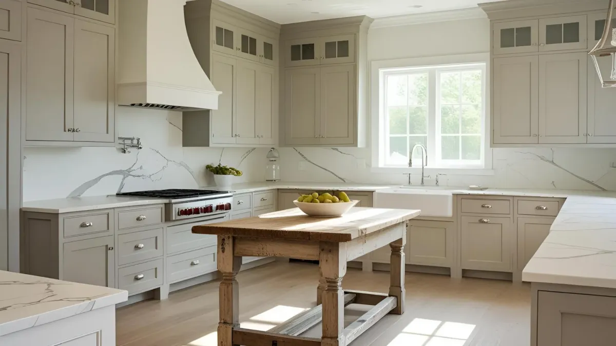 Marble Countertops With Shaker Cabinetry and Farm Table