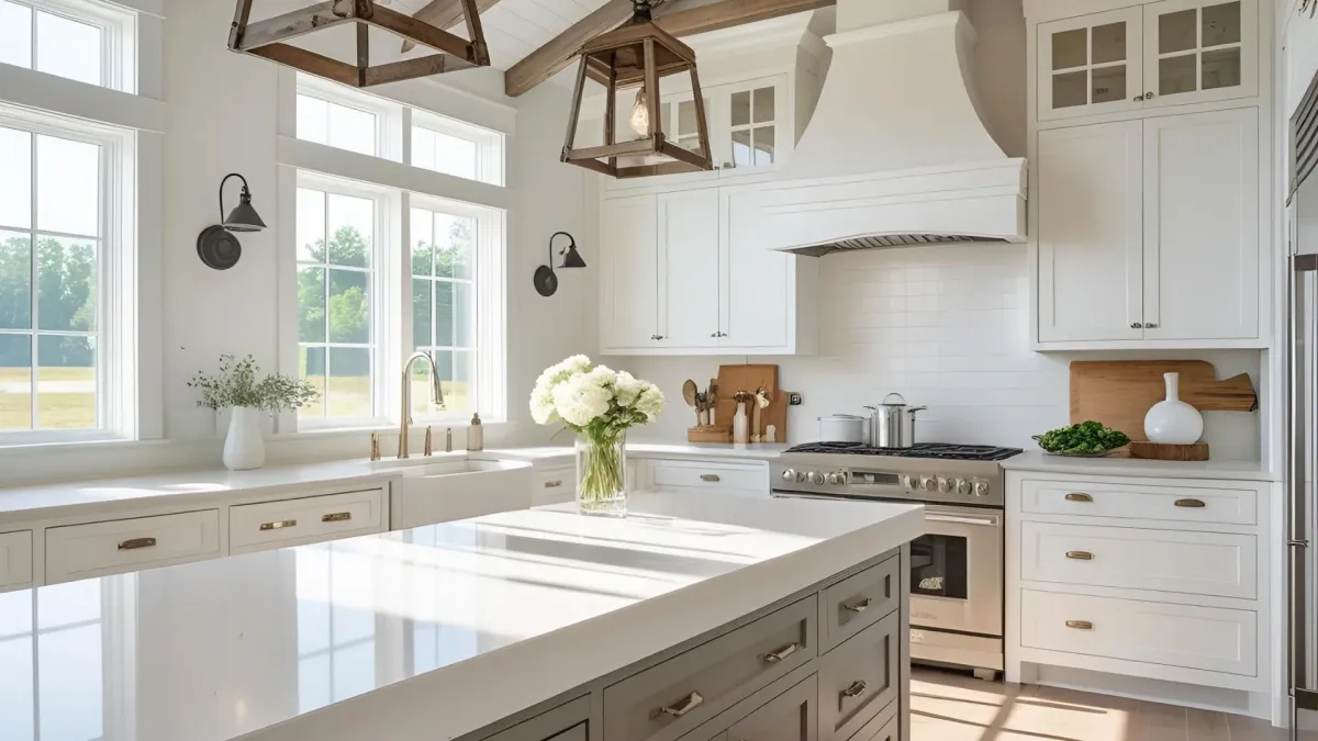 Modern Farmhouse Kitchen With White Quartz Island and Barn-style Light Fixtures