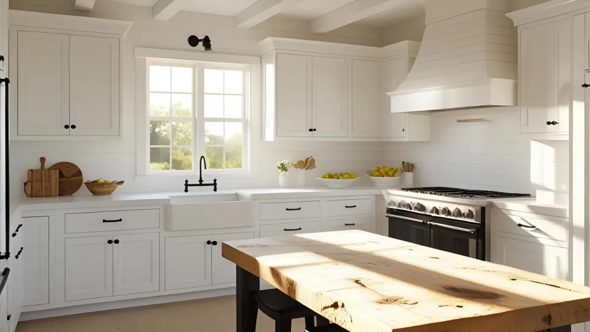 White Farmhouse Kitchen With Black Hardware and Butcher Block Island