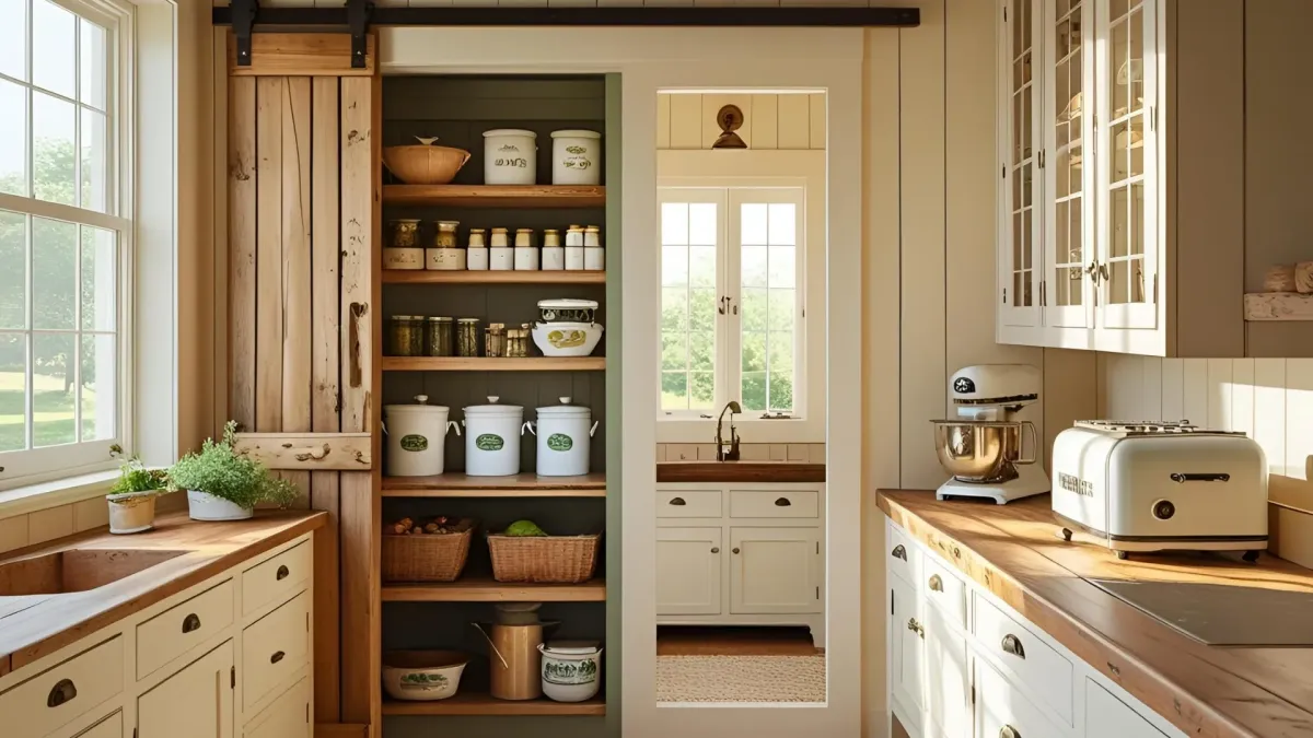 Rustic Wood Beams With White Cabinetry and Brass Fixtures