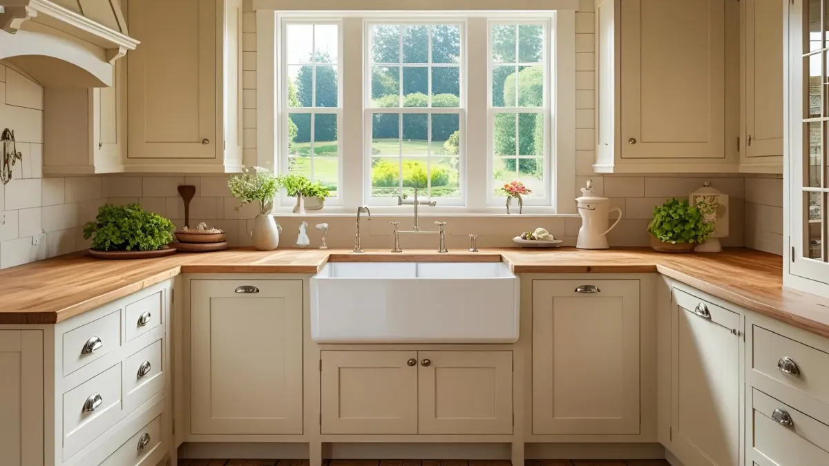 Farmhouse Style Kitchen Soft Beige Cabinetry and Farmhouse Sink Under Window