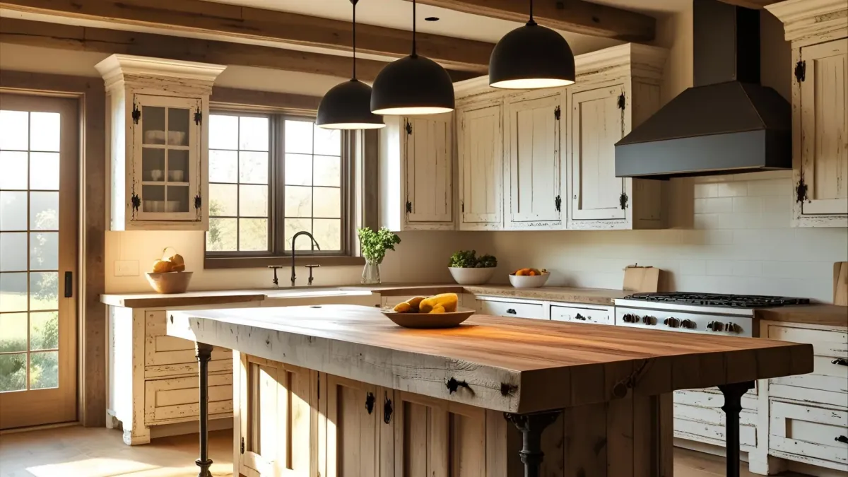 Farmhouse Style Kitchen With Rustic Island and Modern Pendant Lights