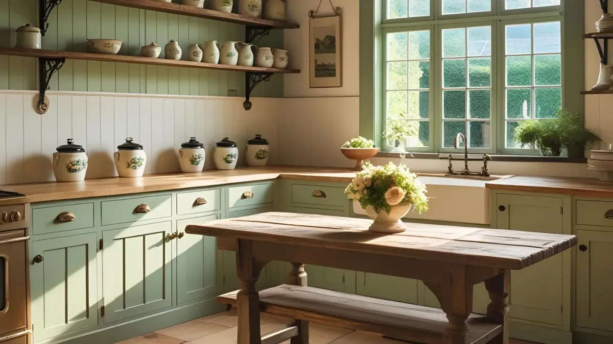 Farmhouse Kitchen With Light Sage Green Cabinetry With Vintage Accents