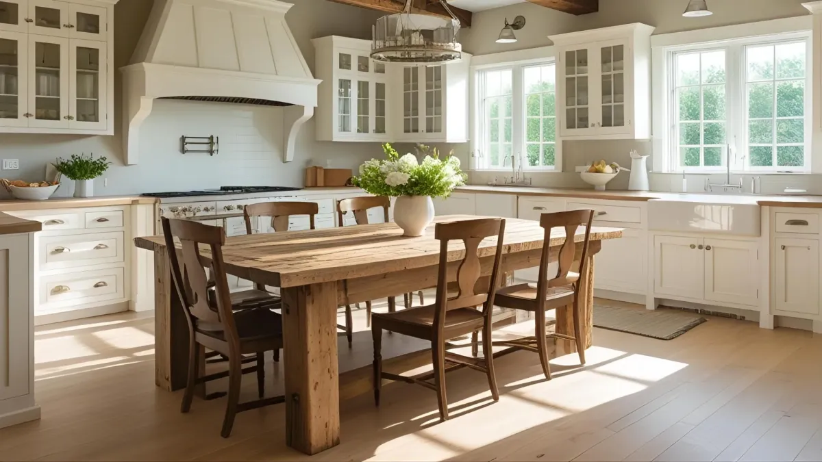 Farmhouse Style Kitchen With Open-concept Kitchen With Rustic Farmhouse Table