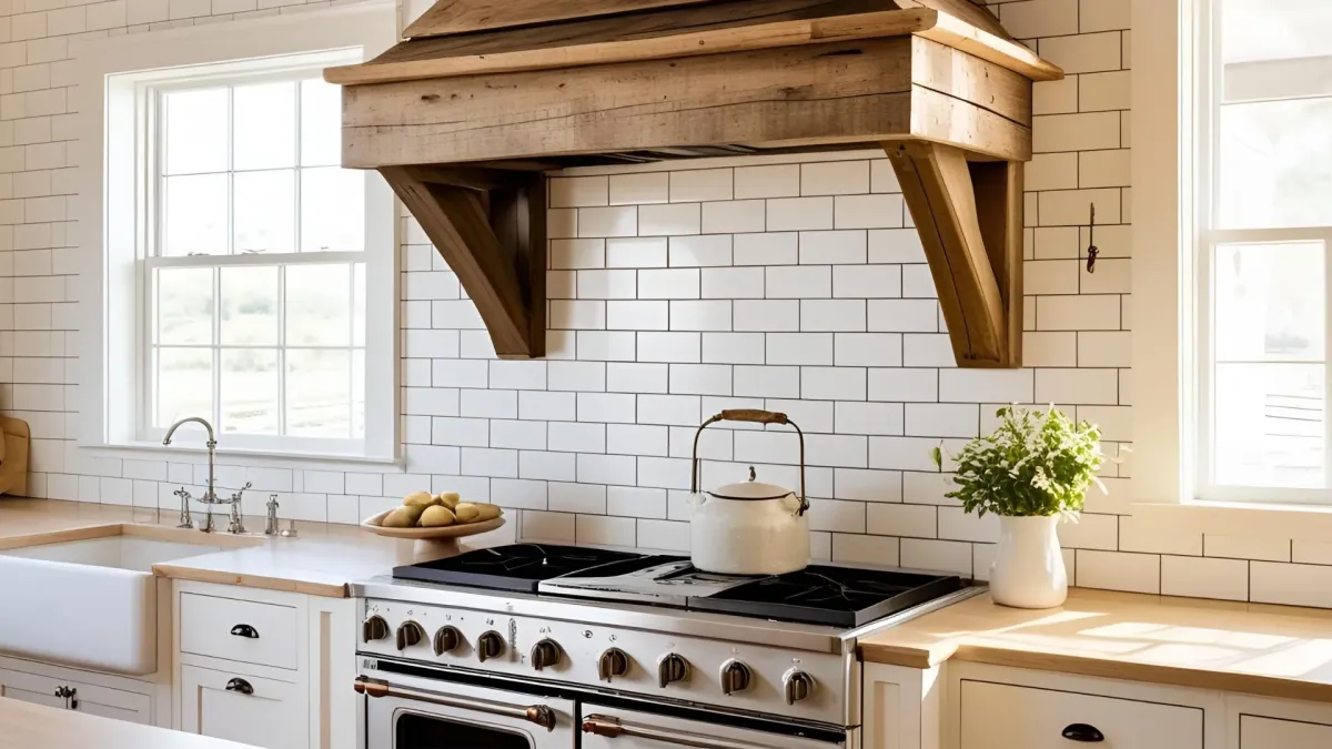 Farmhouse Kitchen With a Farmhouse-inspired Hood Vent With Subway Tile Backsplash