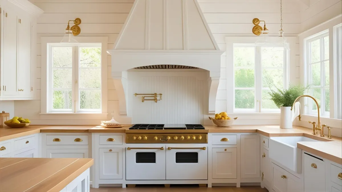 Farmhouse Style Kitchen With Farmhouse-style Range Hood and Brass Hardware