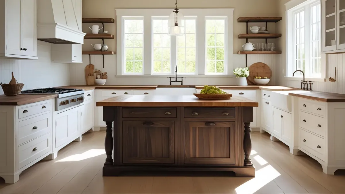 Farmhouse Style Kitchen With White Cabinets and Dark-stained Wood Island