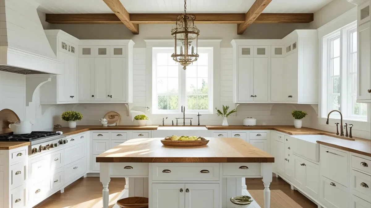 White Farmhouse Kitchen With a Large Island